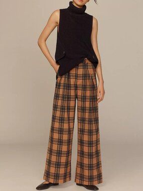 Anthropologie Maeve Avery Plaid Wide Leg Trousers Elastic Back Size M
